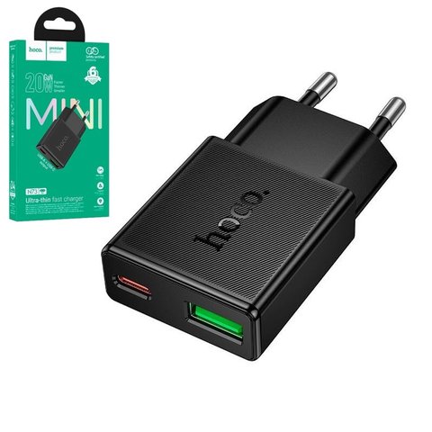 Мережевий зарядний пристрій Hoco N73, 20 Вт, Quick Charge, Power Delivery PD , чорний, 2 порта, gan, #6942007661157