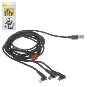 USB Cable Baseus MVP Mobile Game, USB type A, USB type C, micro USB type B, Lightning, 120 cm, 3.5 A, black, Γ shaped, two side micro USB type B, nylon braided, data transfer over Lightning only, 3 in 1  #CAMLT WZ01