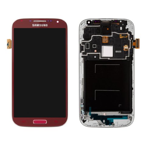Дисплей для Samsung I9500 Galaxy S4, красный, с рамкой, Оригинал переклеено стекло 