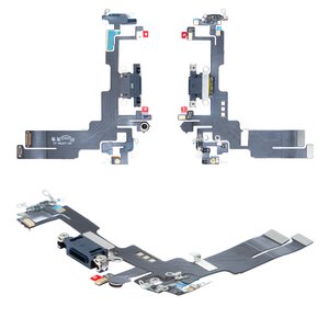Шлейф для iPhone 14, конектора зарядки, чорний, з мікрофоном, з компонентами, High Copy