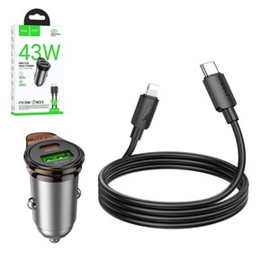 Автомобільний зарядний пристрій Hoco NZ16A, чорне, Power Delivery PD , з кабелем USB тип C до Lightning для Apple, 43 Вт, 2 порта, 12 24 B, #6942007644754